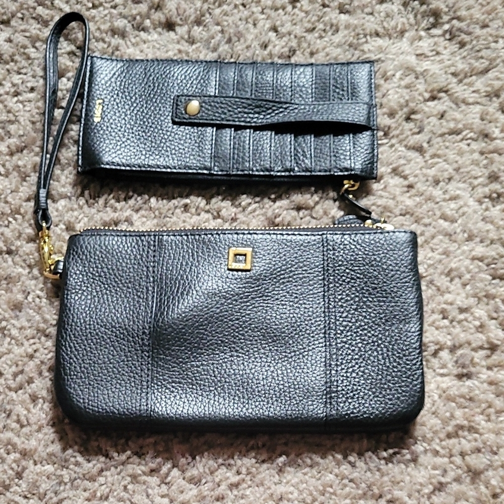 Black Leather Wristlet and Card Holder Set